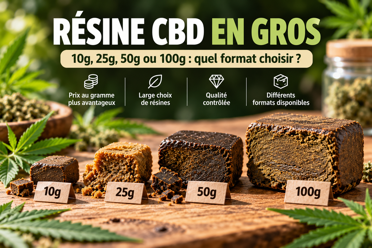 Comparatif des résines CBD en gros en formats 10g, 25g, 50g et 100g – prix au gramme et conseils d'achat CBDelys.