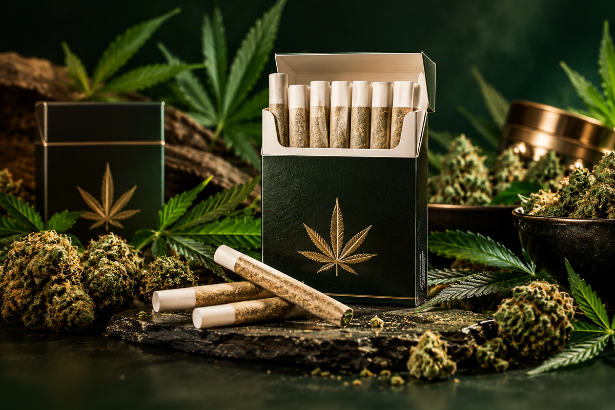Cigarettes CBD au chanvre présentées avec fleurs de CBD