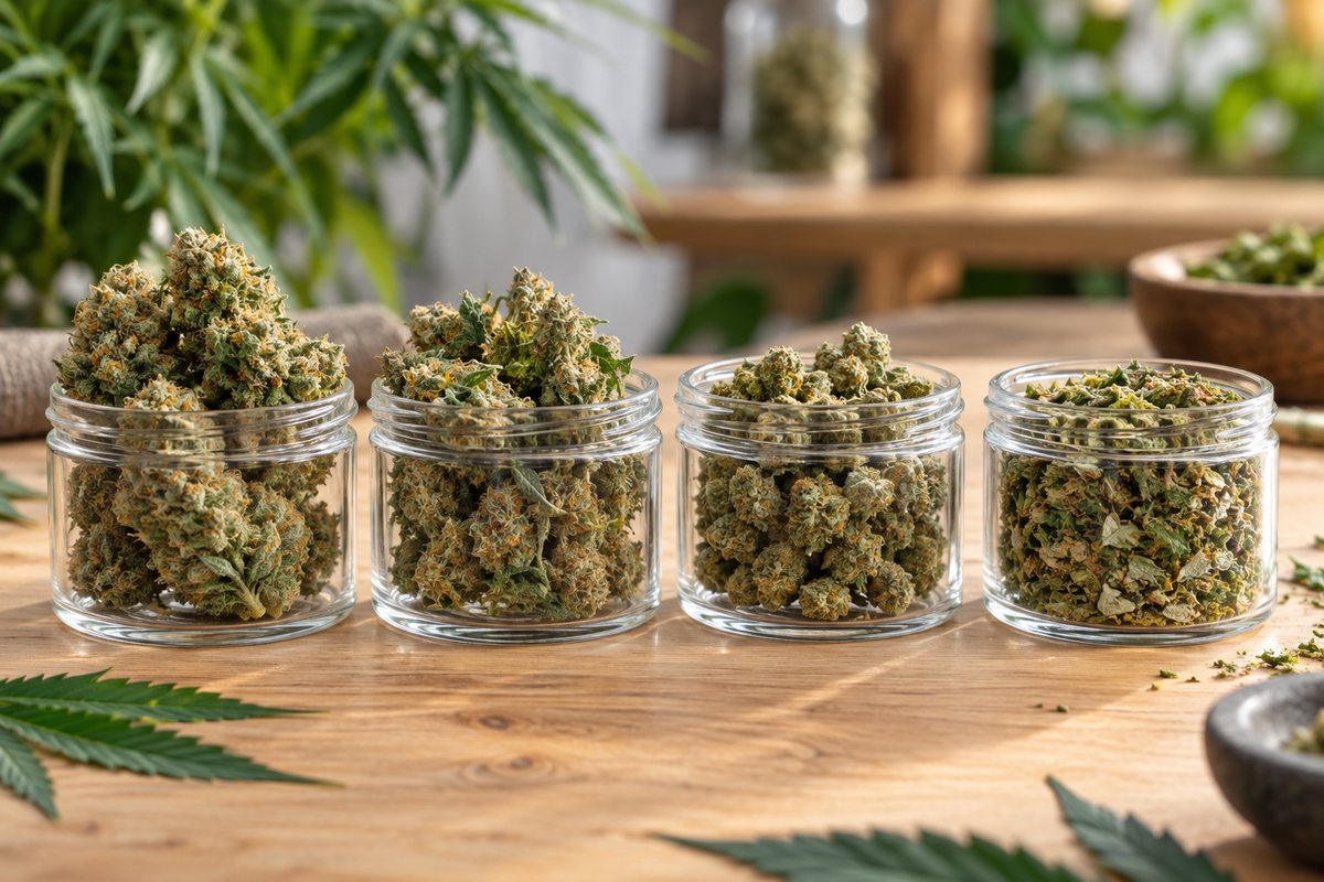 Comparaison de fleurs CBD Indoor, Greenhouse, Small Bud et Trim
