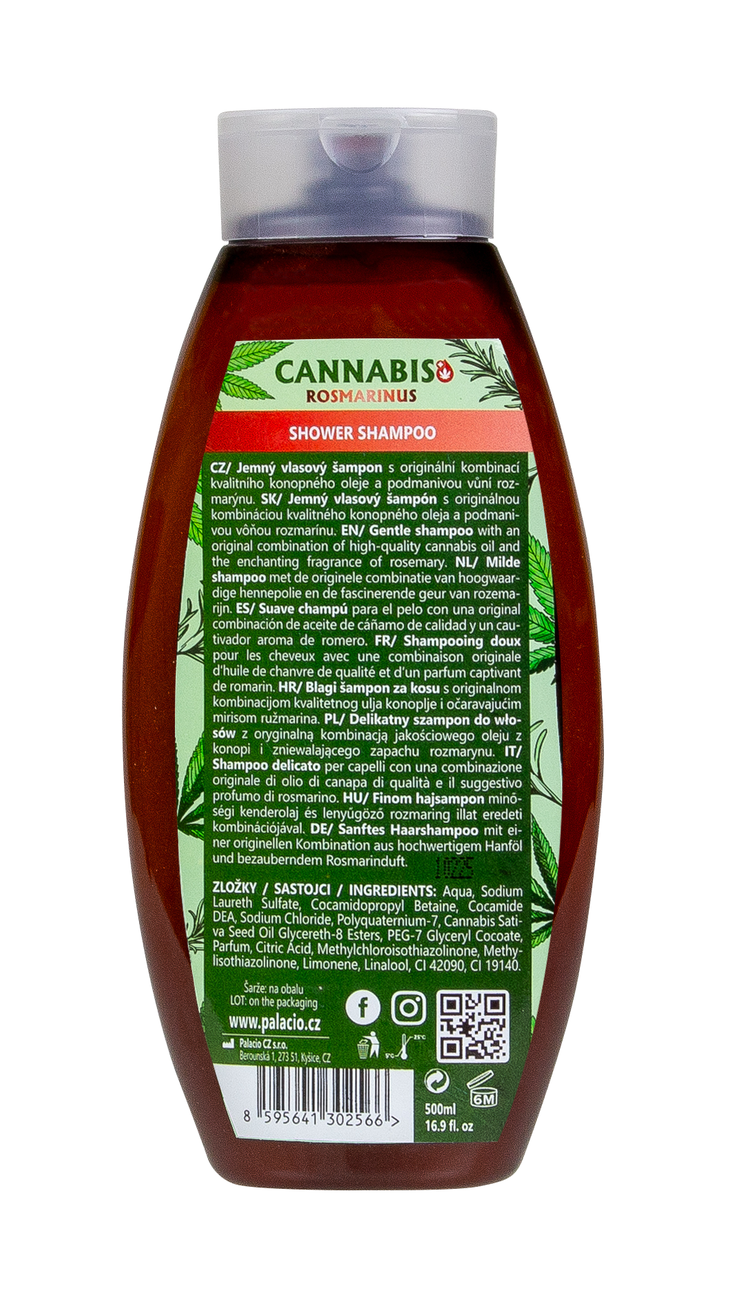 Shampooing Cannabis Romarin à l'Huile de Chanvre, 500 ml Palacio - CBDelys